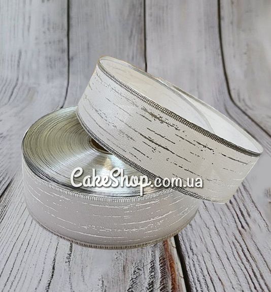 ⋗ Стрічка для декору з дротовим краєм Біла зі сріблом, 5 см купити в Україні ➛ CakeShop.com.ua, фото