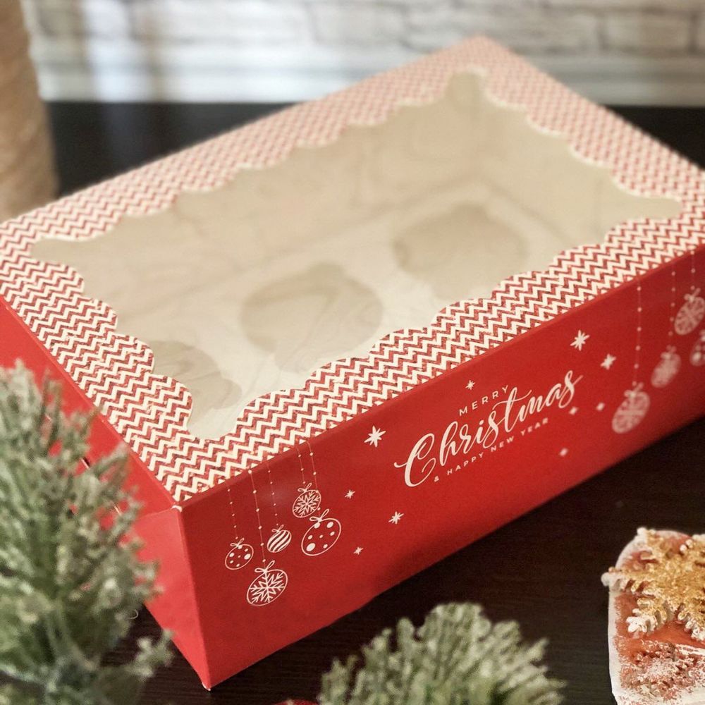 Коробка на 6 кексов с прозрачным окном Christmas, 25х17х9 см - фото