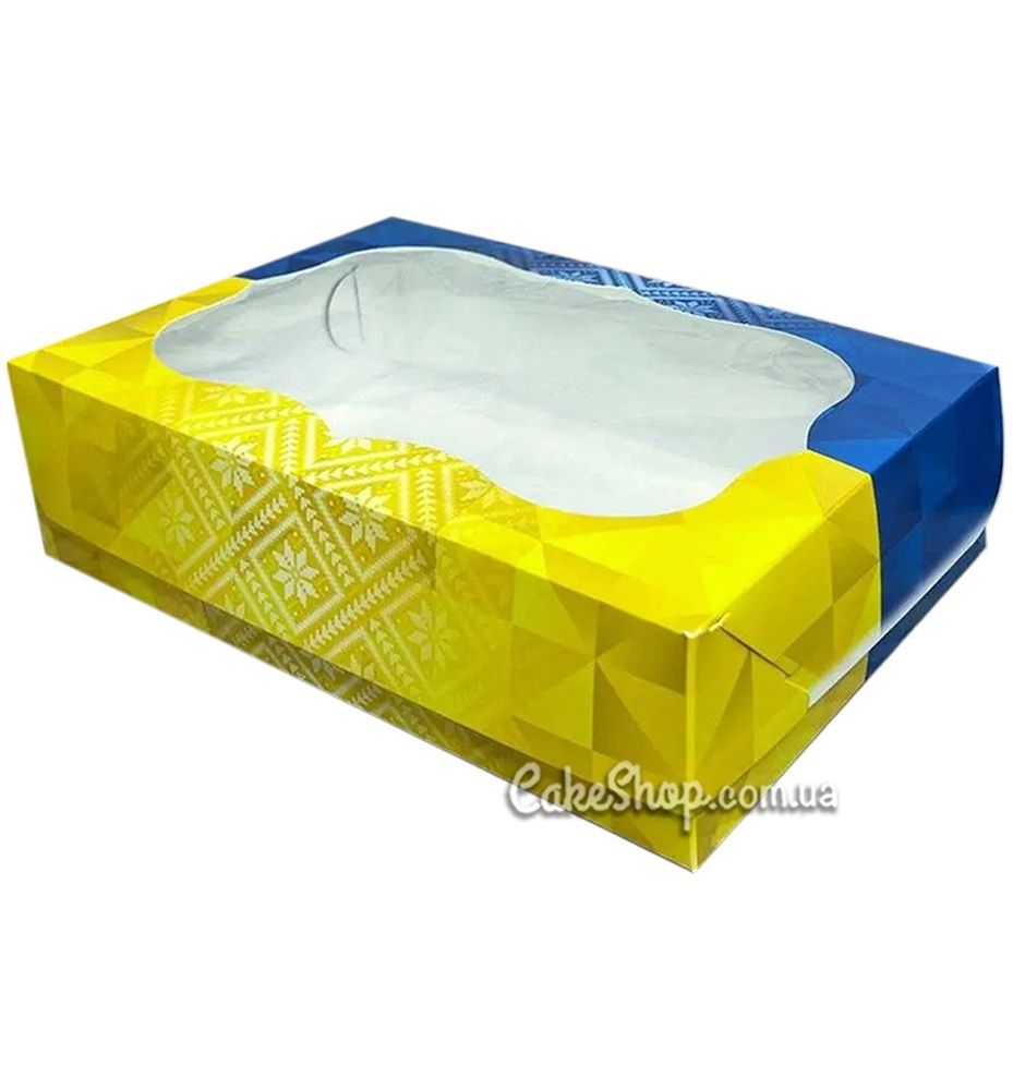 Коробка для эклеров и пирожных с фигурным окном Сине-желтая, 23х15х6 см - фото