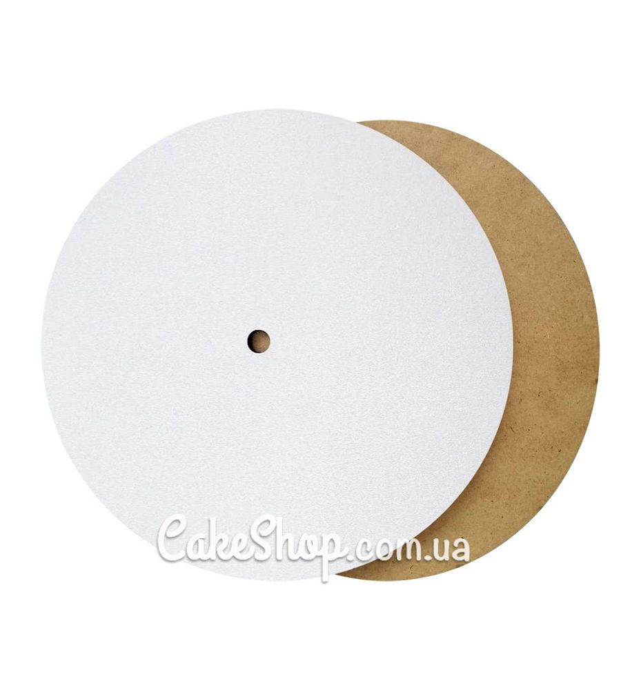 Підложка для багатоярусного торта з отвором біла (ДВП), d-14 см - фото