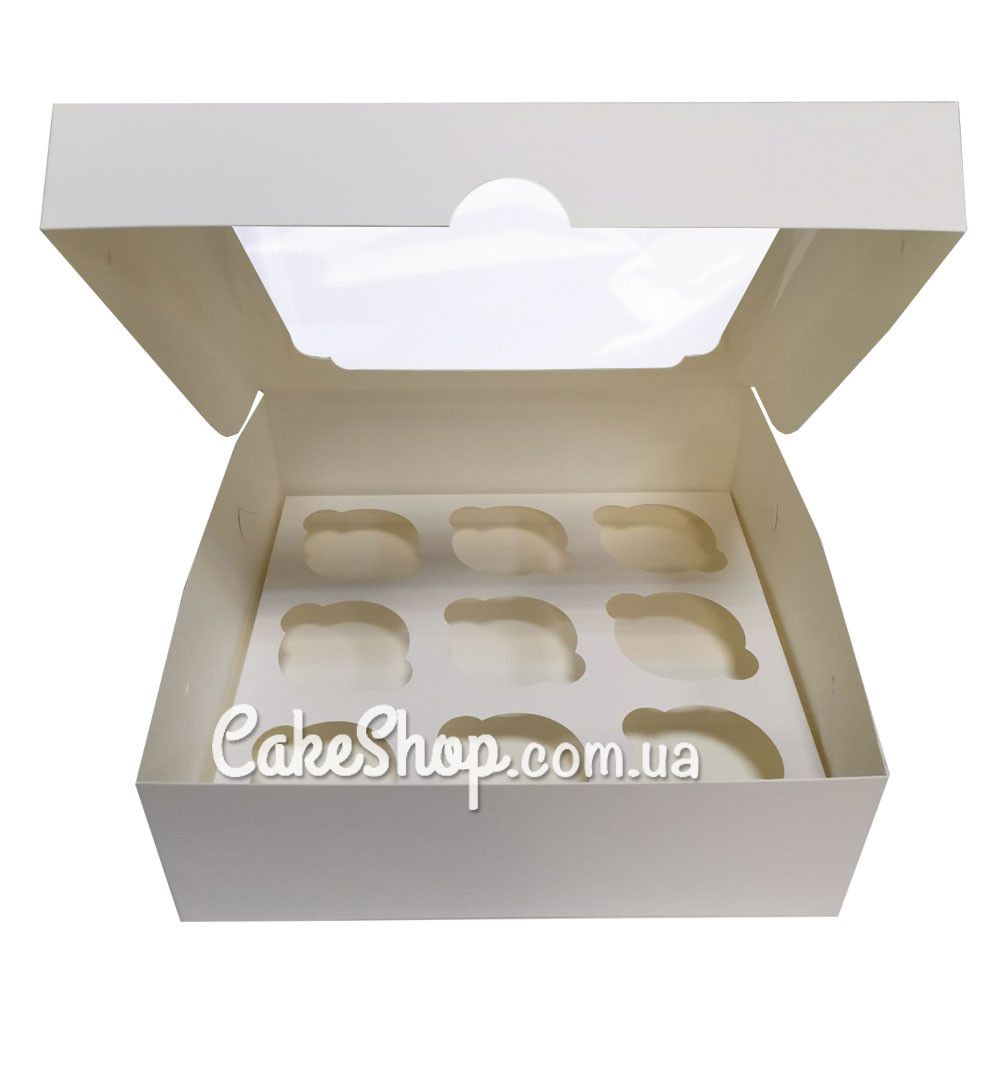⋗ Коробка на 9 кексів з фігурним вікном Біла, 26х26х9 см купити в Україні ➛ CakeShop.com.ua, фото