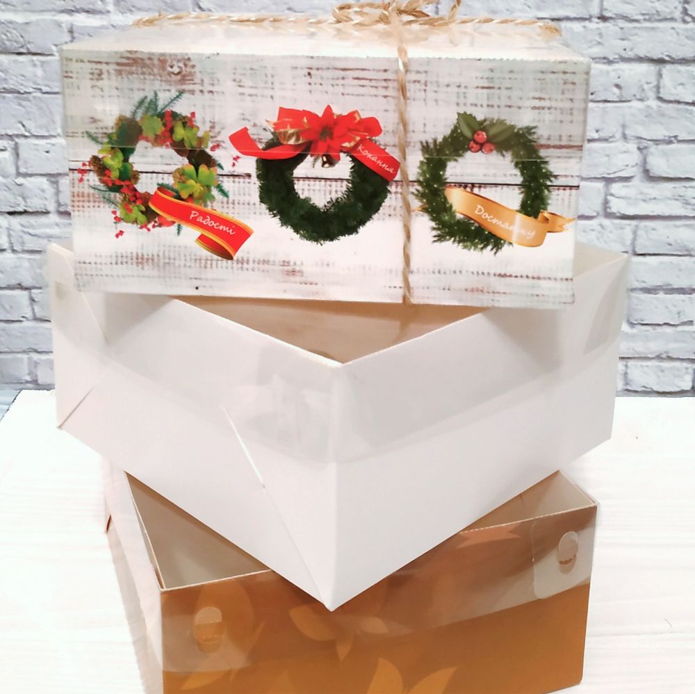 Коробка на 4 кекса с прозрачной крышкой Новогодняя, 16х16х8 см - фото