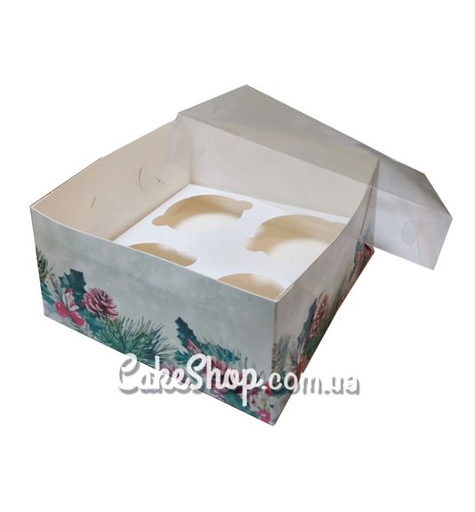 ⋗ Коробка на 4 кекси з прозорою кришкою Ялинки, 16х16х8 см купити в Україні ➛ CakeShop.com.ua, фото
