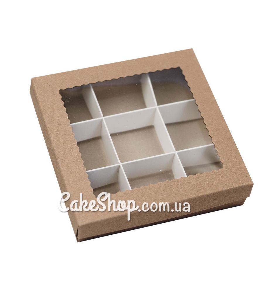 Коробка на 9 конфет с ажурным окном Крафт, 15х15х2,9 см - фото