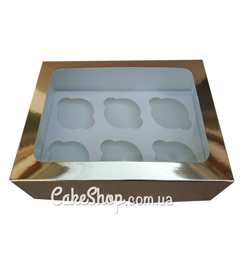 ⋗ Коробка на 6 кексів з прозорим вікном Золота, 24х18х9 см купити в Україні ➛ CakeShop.com.ua, фото