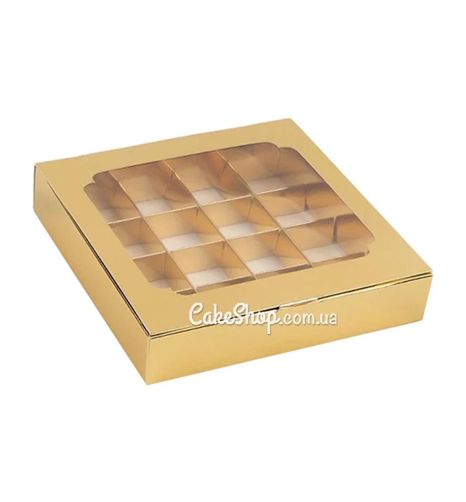 Коробка на 16 цукерок з вікном Золото, 18,5х18,5х3 см - фото