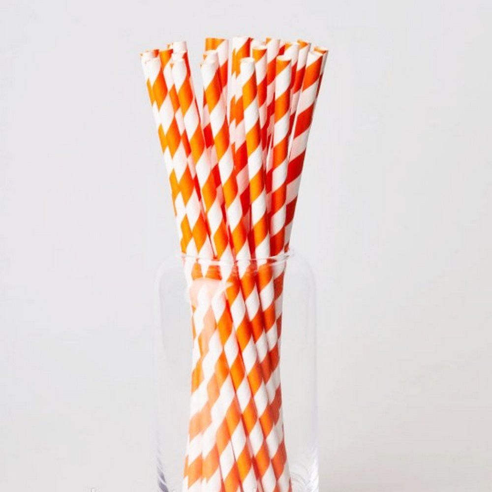 Трубочки бумажные оранжевая полоска 200 мм - фото