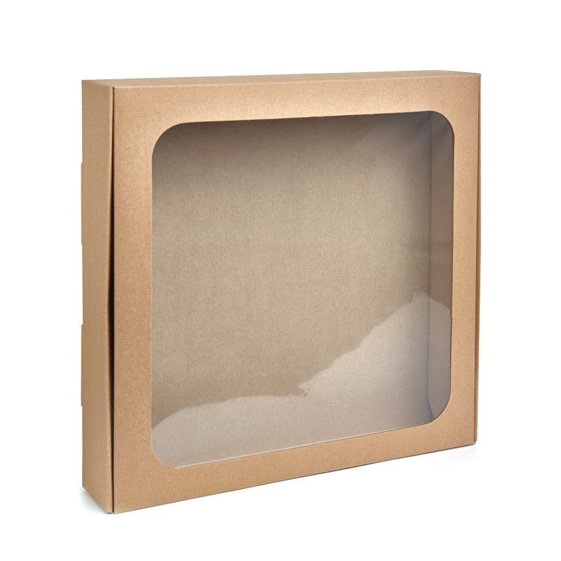 Коробка для макаронс, еклерів, зефіру з вікном Крафт, 20х20х5 см - фото