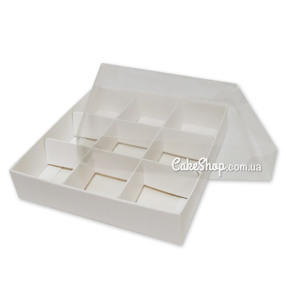 Коробка на 9 конфет с прозрачной крышкой Белая, 16х16х3,5 см - фото