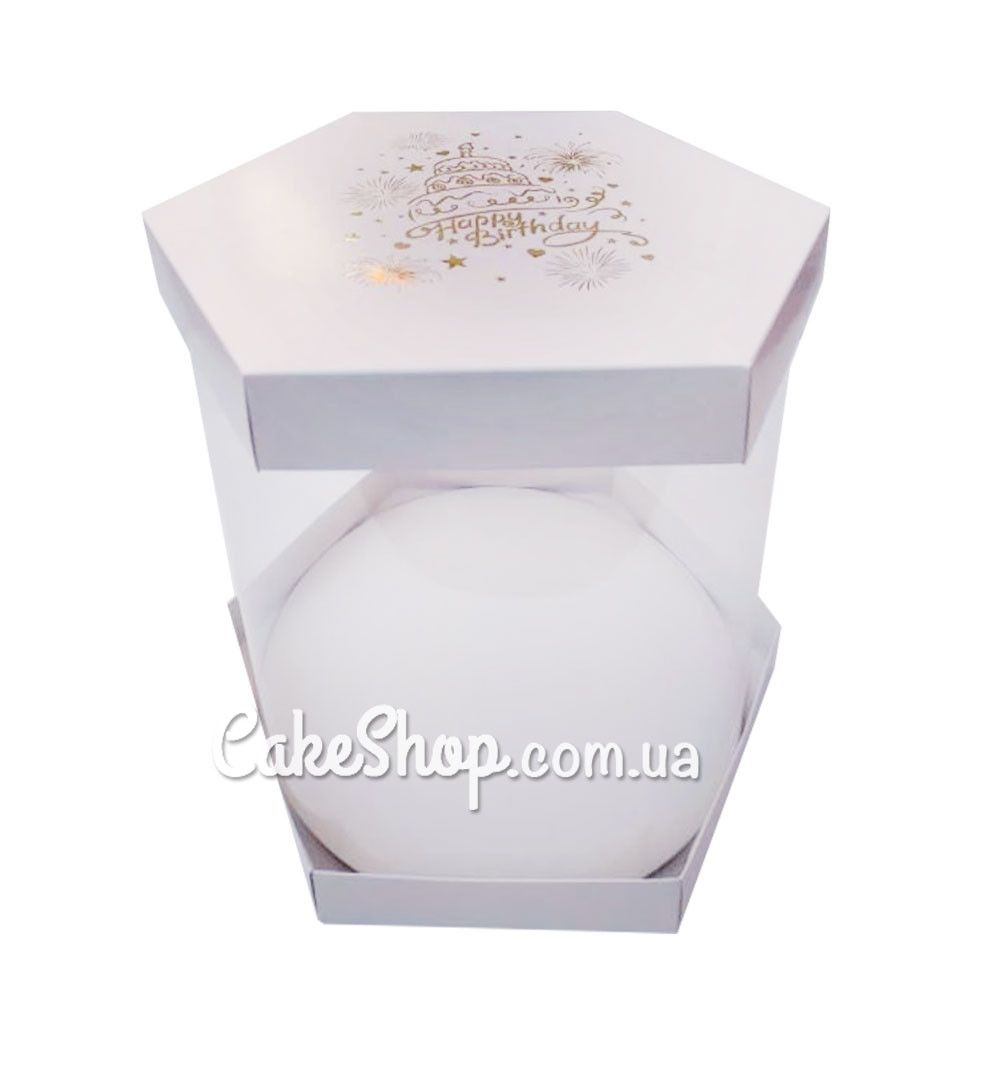 ⋗ Коробка для торта Шестигранна Happy Birthday з золотим тисненням, 30х30х25 см купити в Україні ➛ CakeShop.com.ua, фото