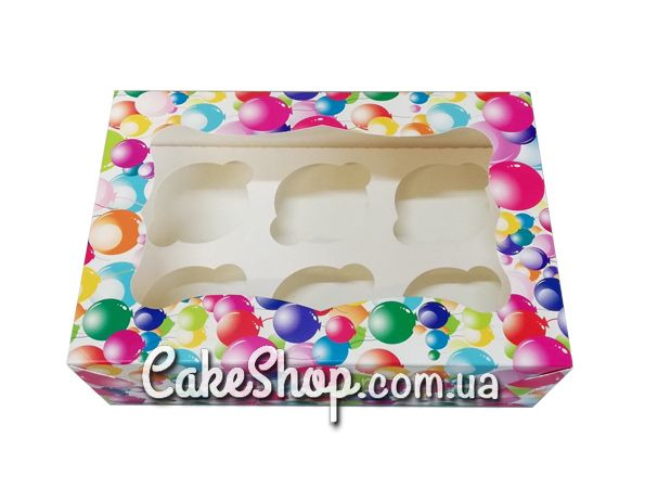 ⋗ Коробка на 6 кексів з прозорим вікном Повітряні кульки, 25х17х8 см купити в Україні ➛ CakeShop.com.ua, фото