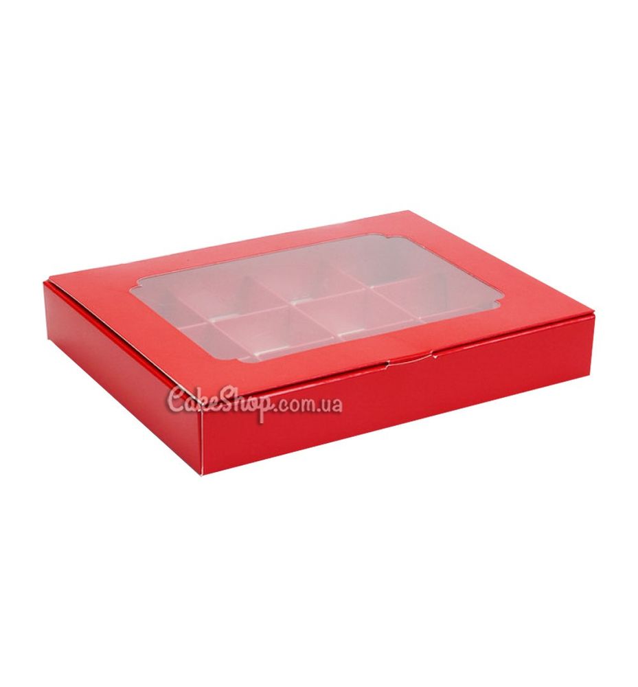 Коробка на 12 цукерок з вікном Червона, 20х15,6х 3 см - фото