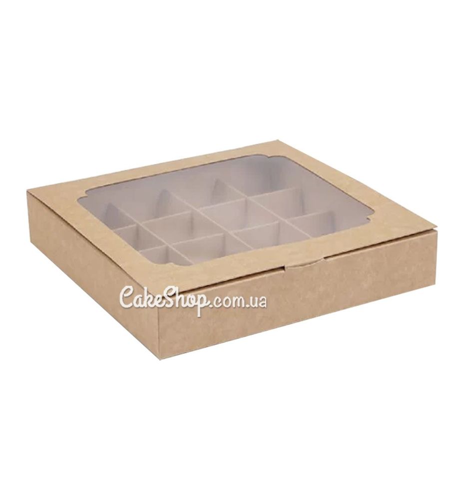 Коробка на 16 конфет с окном Крафт, 18,5х18,5 х 3 см - фото