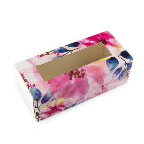 Коробка для макаронс, конфет, безе с прозрачным окном  Акварельные Цветы, 14х6х5 см - фото