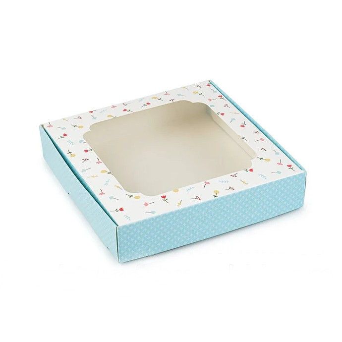 Коробка для пряников с окном Цветочный принт голубая, 15х15х3 см - фото