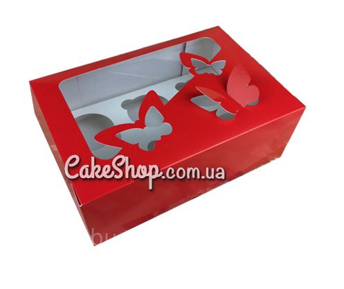 Коробка на 6 кексов с бабочками Красная, 25х18х9 см - фото