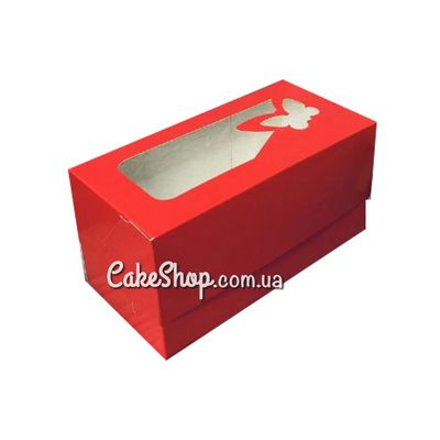 Коробка на 2 кекса с бабочками Красная, 17х9х9 см - фото
