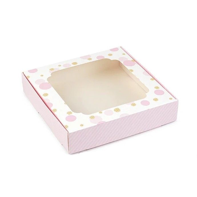 Коробка для пряников с окном Горохи с полосой розовая, 15х15х3 см - фото