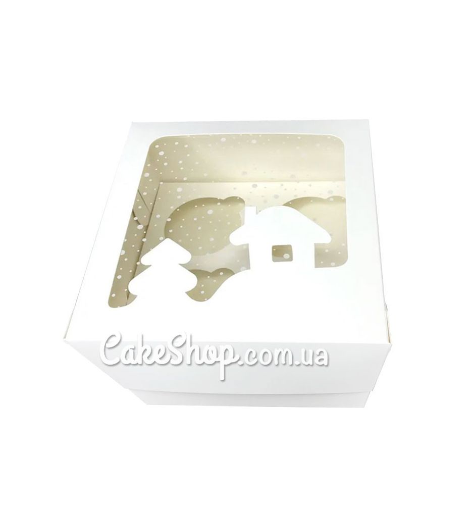 Коробка на 4 кекса с домиком Белая, 17х17х9 см - фото