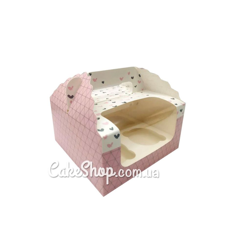 Коробка на 4 кекса с ручкой Сердечки Розовая, 17х17х8,5 см - фото