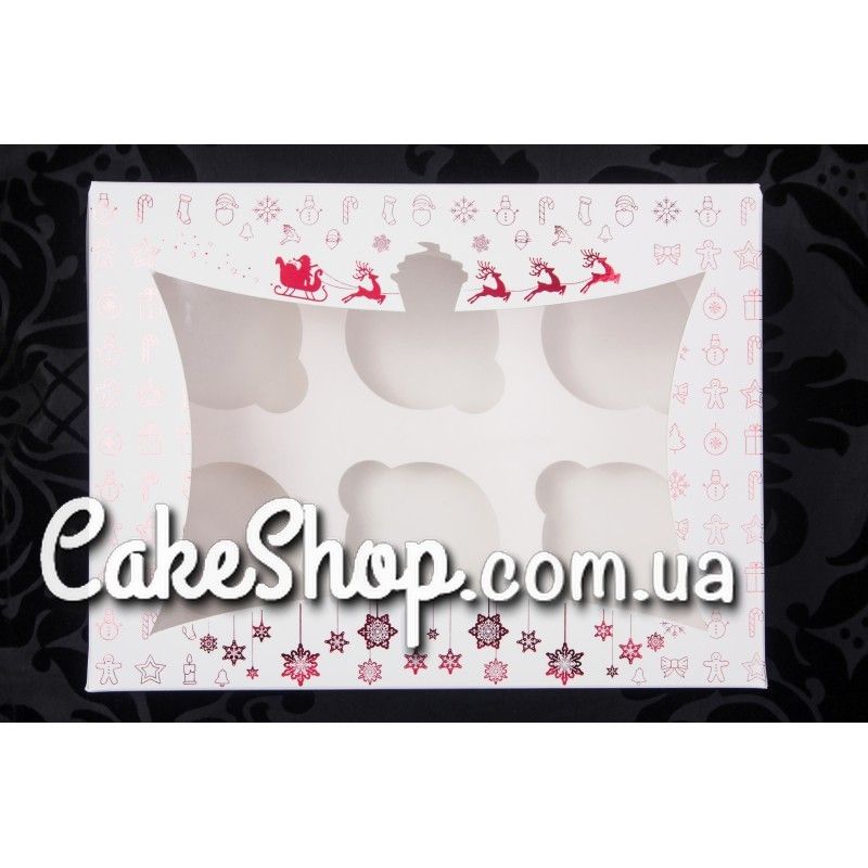 ⋗ Коробка на 6 кексов Новогодняя Красное тиснение, 24х18х9 см купить в Украине ➛ CakeShop.com.ua, фото