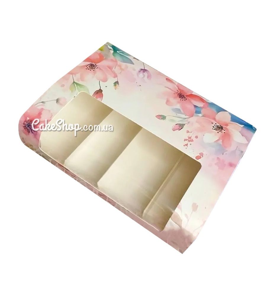 Коробка для эклеров и пирожных Эскимо с окном Акварельные цветы, 21х15х5 см - фото