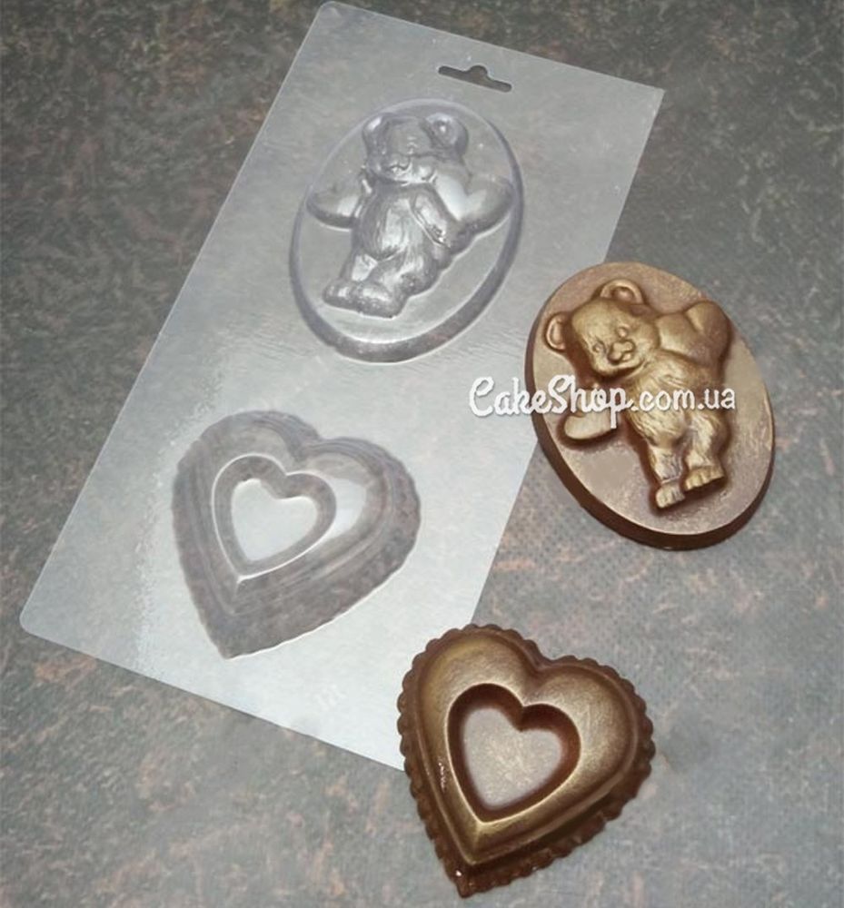 Пластиковая форма для шоколада Мишка с сердечками - фото