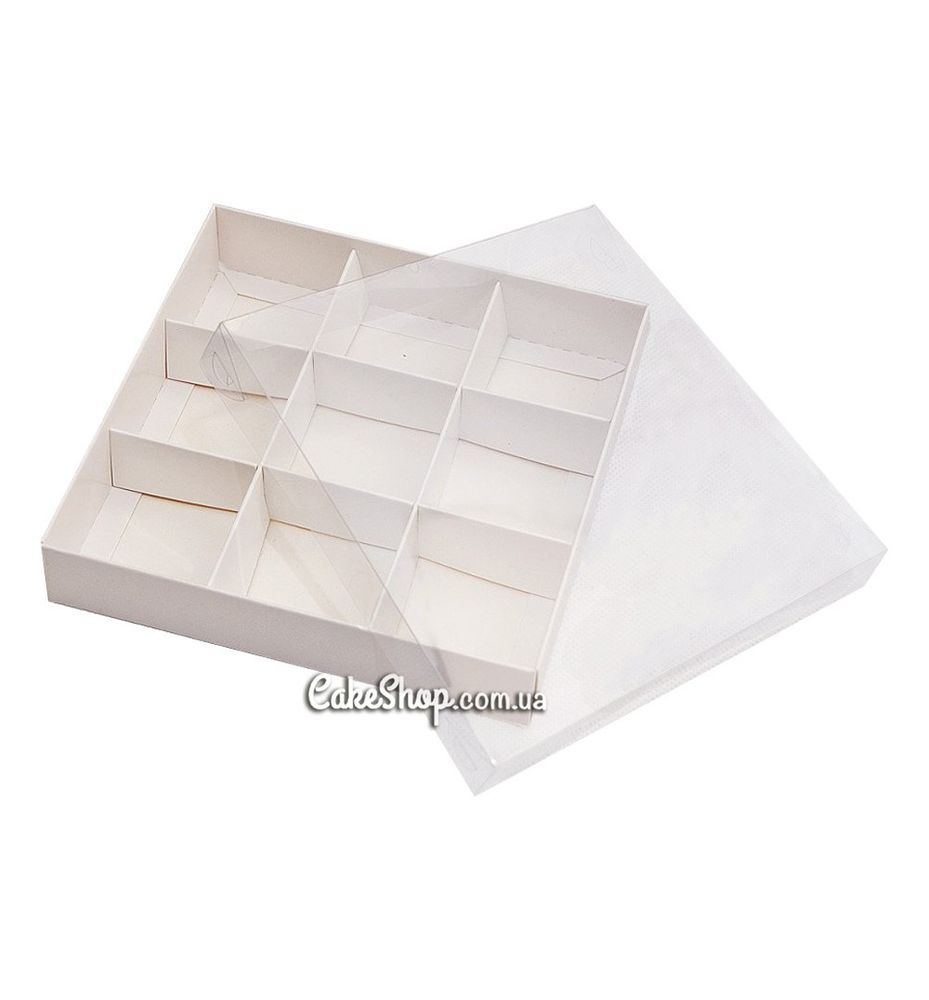 Коробка на 9 конфет с прозрачной крышкой Белая, 15х15х3 см - фото