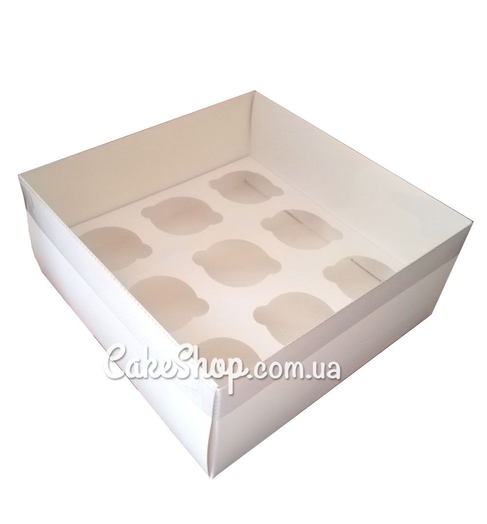 ⋗ Коробка на 9 кексів з прозорою кришкою Біла, 25х25х11 см купити в Україні ➛ CakeShop.com.ua, фото