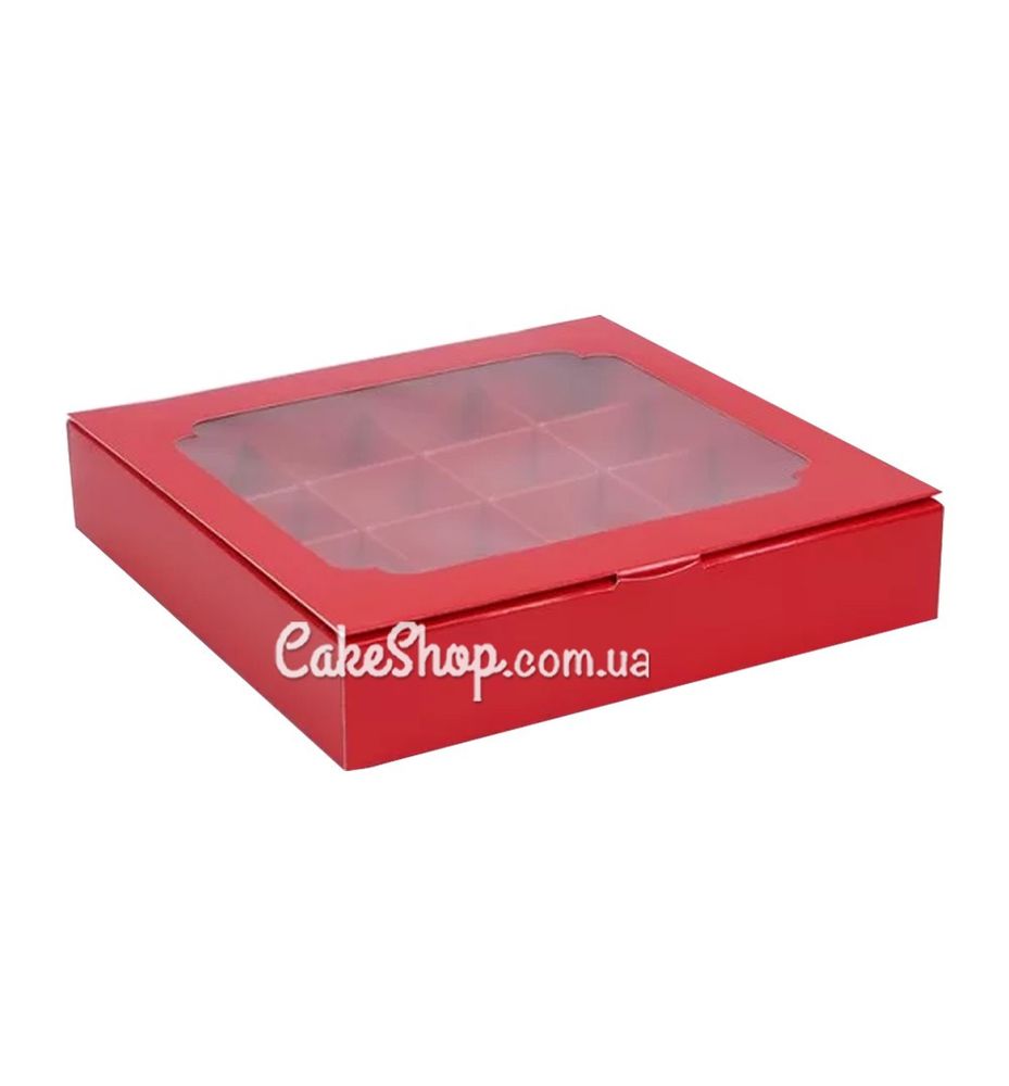 Коробка на 16 конфет с окном Красная, 18,5х18,5 х 3 см - фото