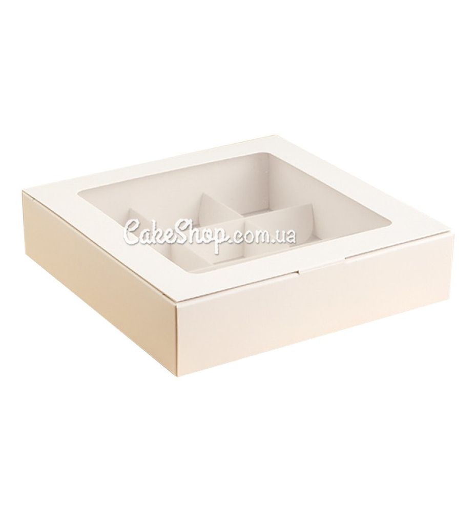 Коробка на 9 цукерок з вікном Біла, 15,3х15,3х3,5 см - фото