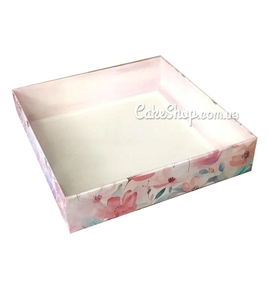Коробка для пряників з прозорою кришкою Акварельні квіти, 16х16х3,5 см - фото