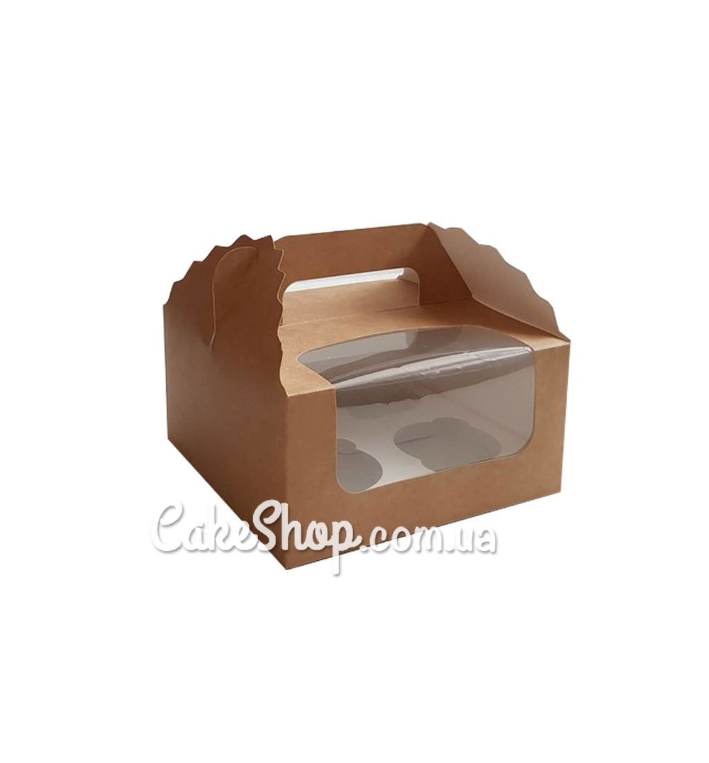 ⋗ Коробка на 4 кекси з ручкою Крафт, 17х17х8,5 см купити в Україні ➛ CakeShop.com.ua, фото