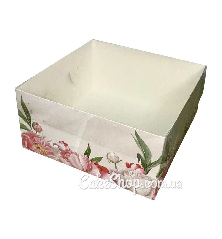 Коробка для десертов с прозрачной крышкой Пионы, 16х16х8 см - фото