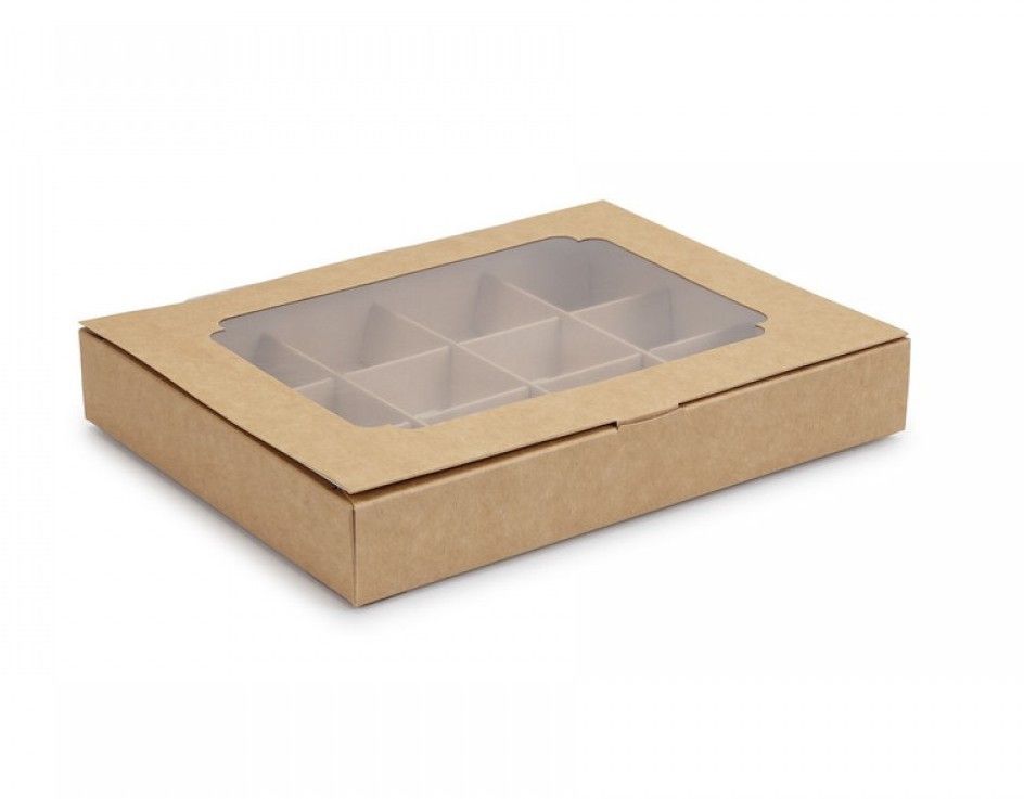 Коробка на 12 цукерок з вікном Крафт, 20х15,6х 3 см - фото