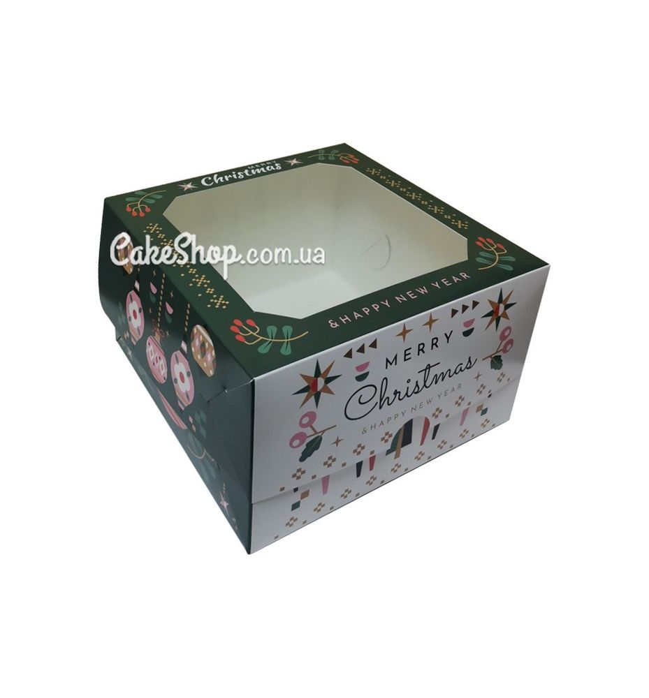 Коробка для подарков, бенто-торта Новогодние олени с окном, 17х17х10,5 см - фото