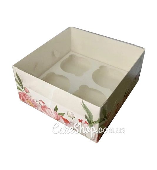 ⋗ Коробка на 4 кекса с прозрачной крышкой Пионы, 16х16х8 см купить в Украине ➛ CakeShop.com.ua, фото