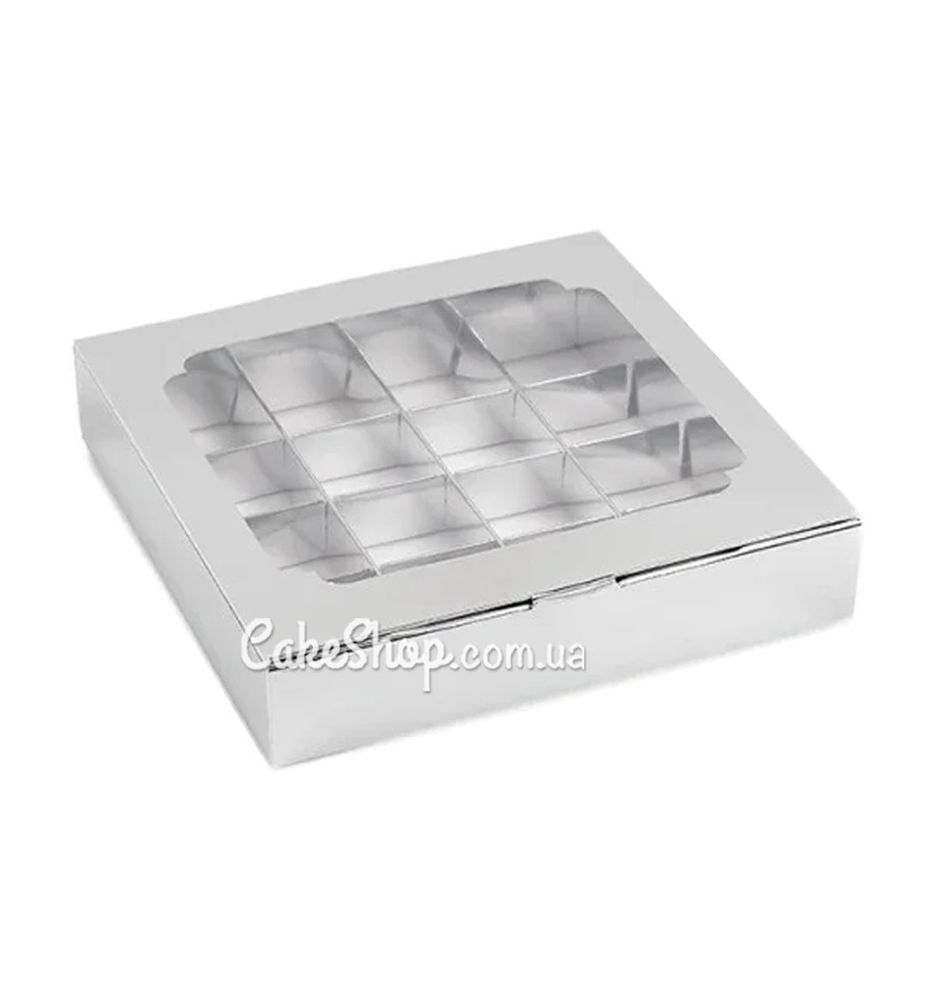 Коробка на 16 конфет с окном Серебро, 18,5х18,5х3 см - фото