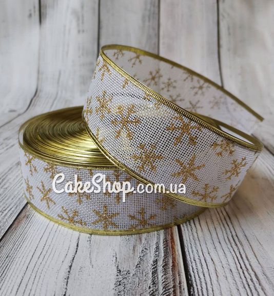 ⋗ Стрічка для декору новорічна біла зі сніжинками і дротовим краєм 5 см купити в Україні ➛ CakeShop.com.ua, фото