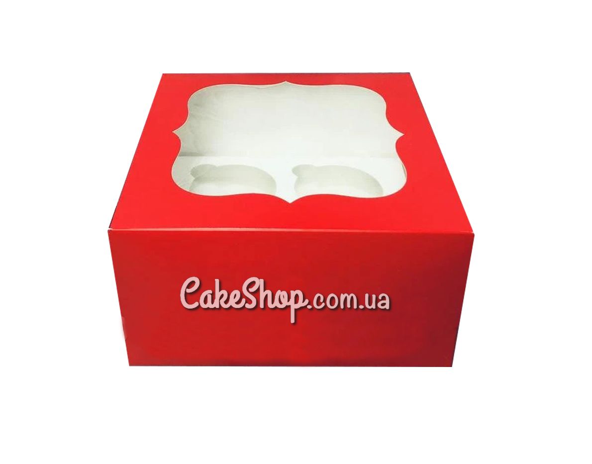 ⋗ Коробка на 4 кекси з фігурним вікном Червона, 17х17х9 см купити в Україні ➛ CakeShop.com.ua, фото