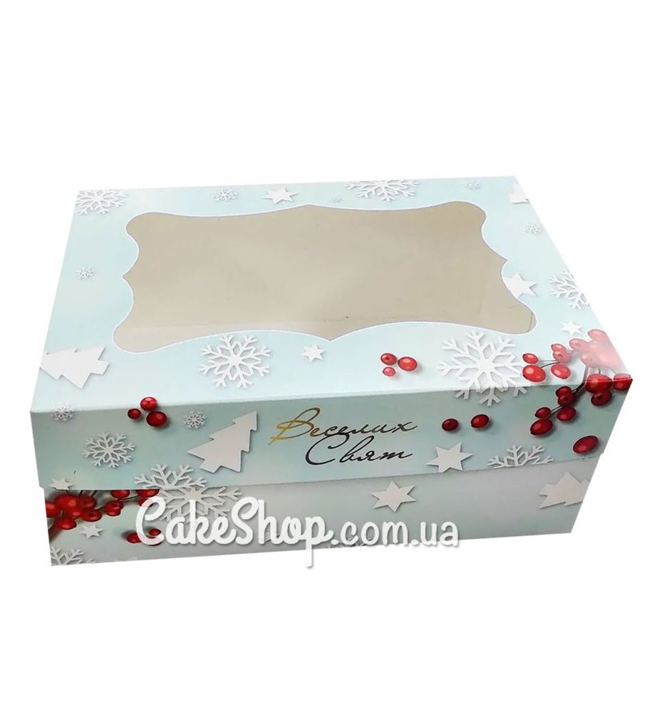 Коробка на 6 кексов с фигурным окном Новогодняя, 25х17х11 см - фото