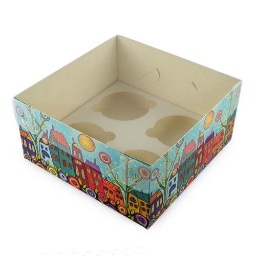 Коробка на 4 кекса с прозрачной крышкой Город, 16х16х8 см - фото
