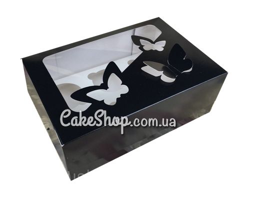 ⋗ Коробка на 6 кексов с бабочками Черная, 25х18х9 см купить в Украине ➛ CakeShop.com.ua, фото