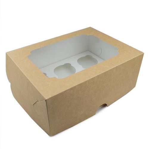 Коробка на 6 кексов с фигурным окном Крафт, 25х19х10 см - фото
