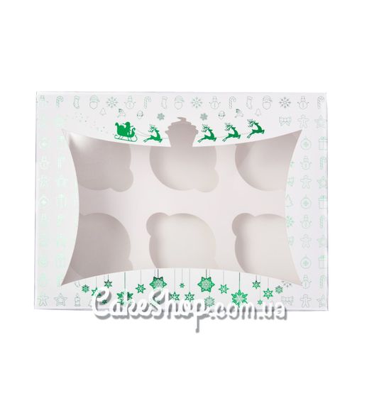 ⋗ Коробка на 6 кексів Новорічна Зелене тиснення, 24х18х9 см купити в Україні ➛ CakeShop.com.ua, фото
