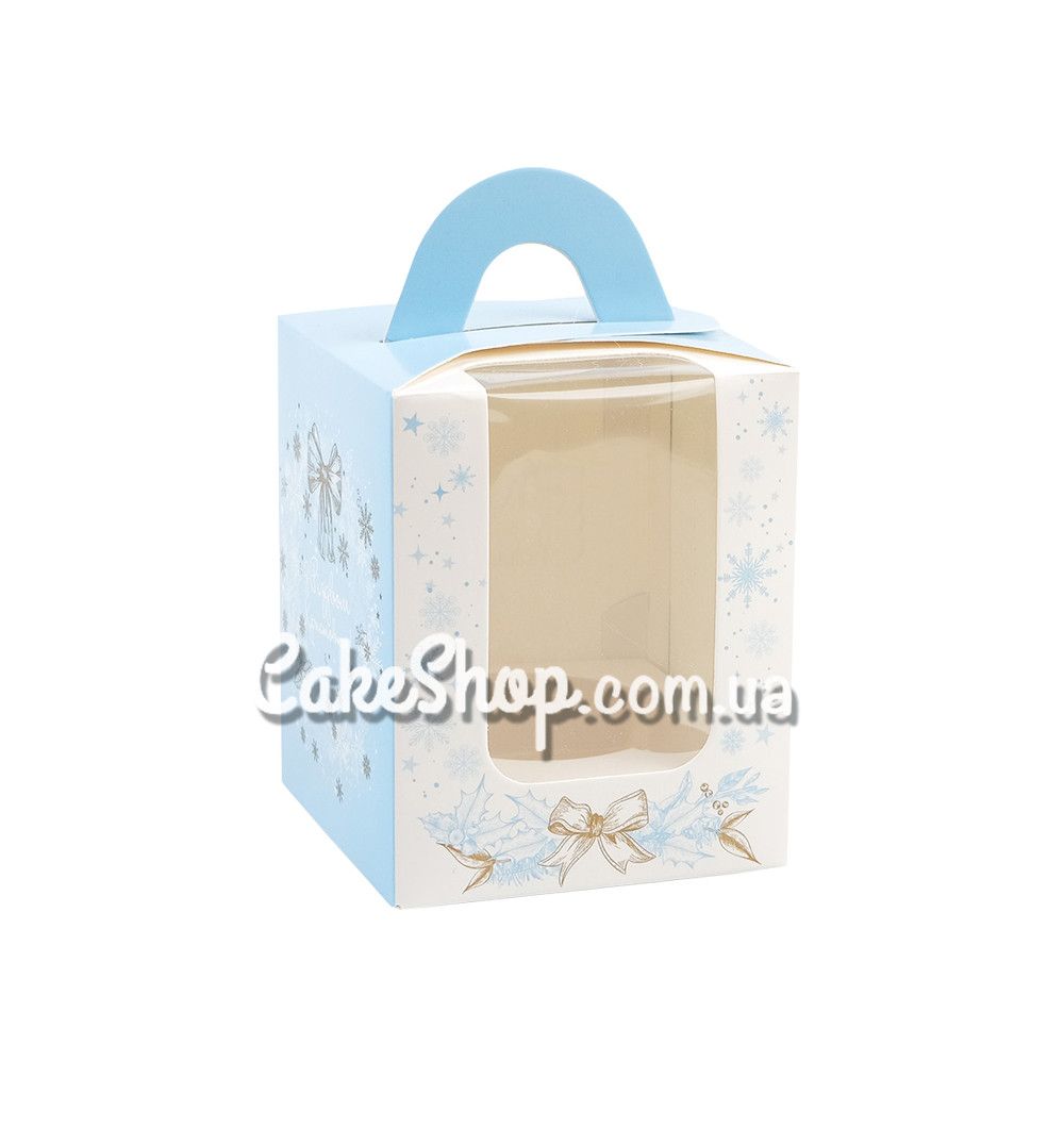 ⋗ Коробка для 1 кексу з ручкою Новорічний виночок блакитна, 8,2 х8, 2х10 см купить в Украине ➛ CakeShop.com.ua, фото