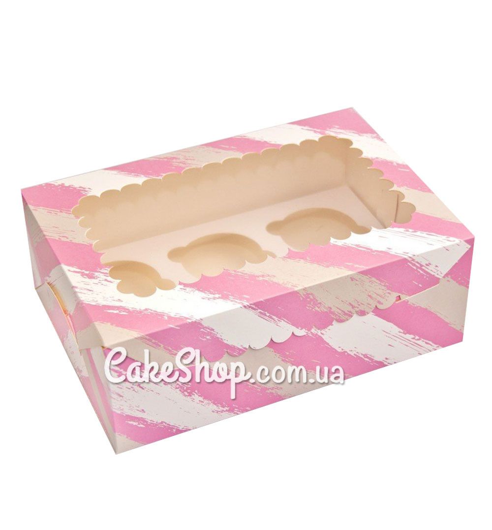 ⋗ Коробка на 6 кексов с прозрачным окном Розовая полоска, 25,5х18х9 см купить в Украине ➛ CakeShop.com.ua, фото