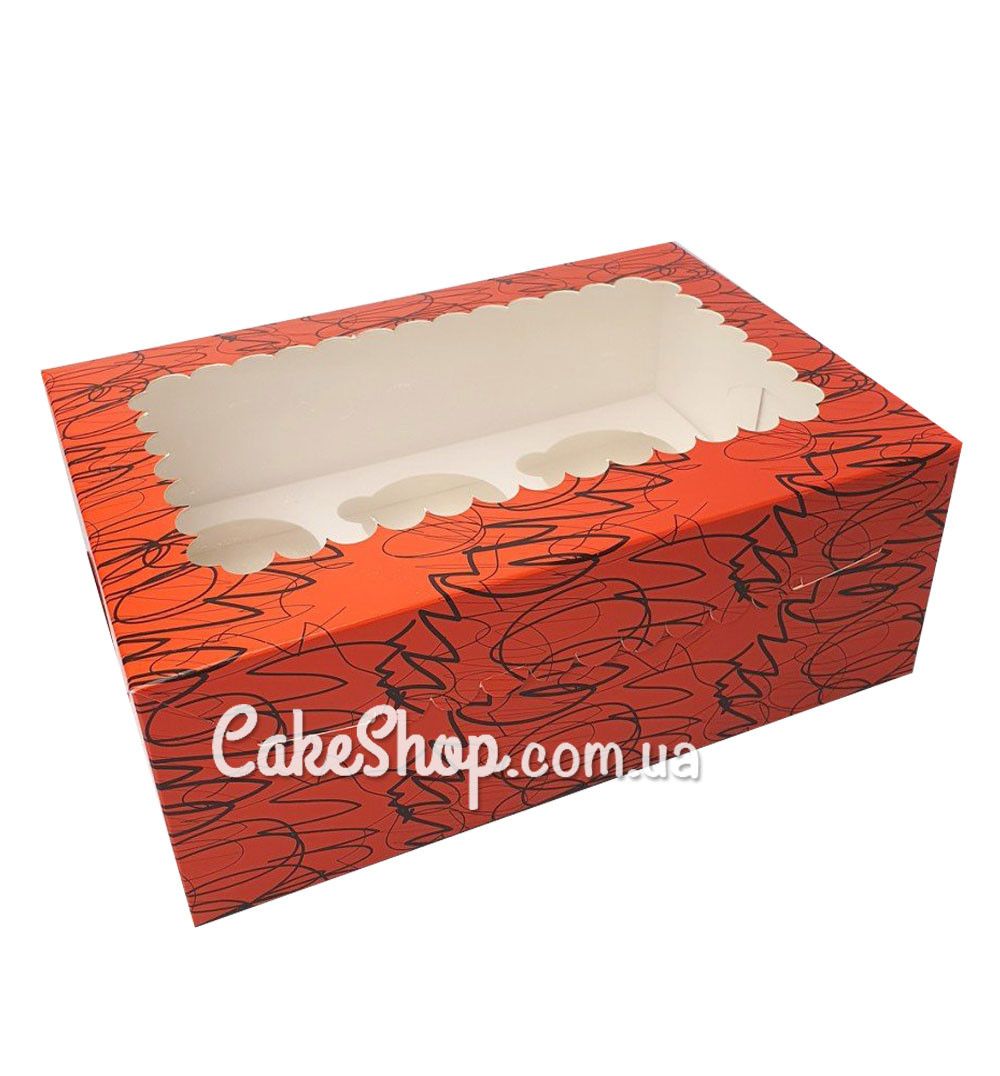⋗ Коробка на 6 кексів з прозорим вікном Червона з принтом, 25х18х9 см купити в Україні ➛ CakeShop.com.ua, фото