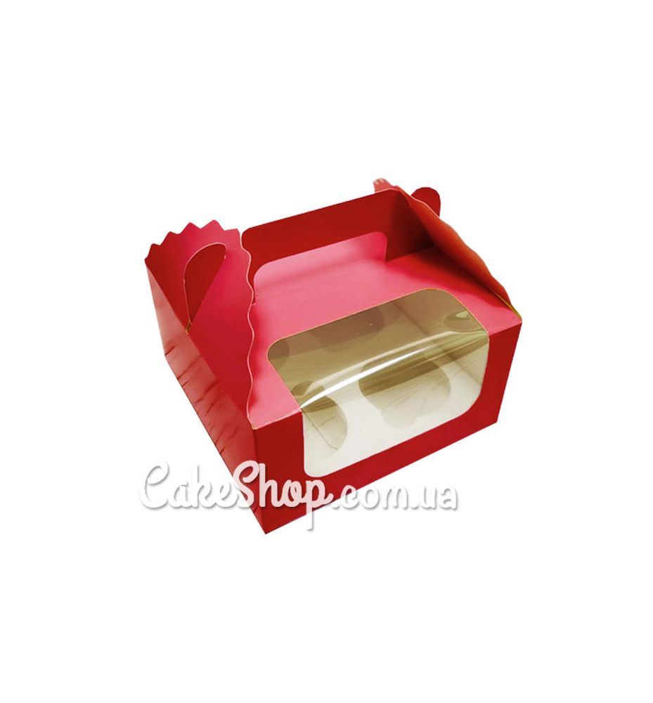 Коробка на 4 кекса с ручкой Красная, 17х17х8,5 см - фото