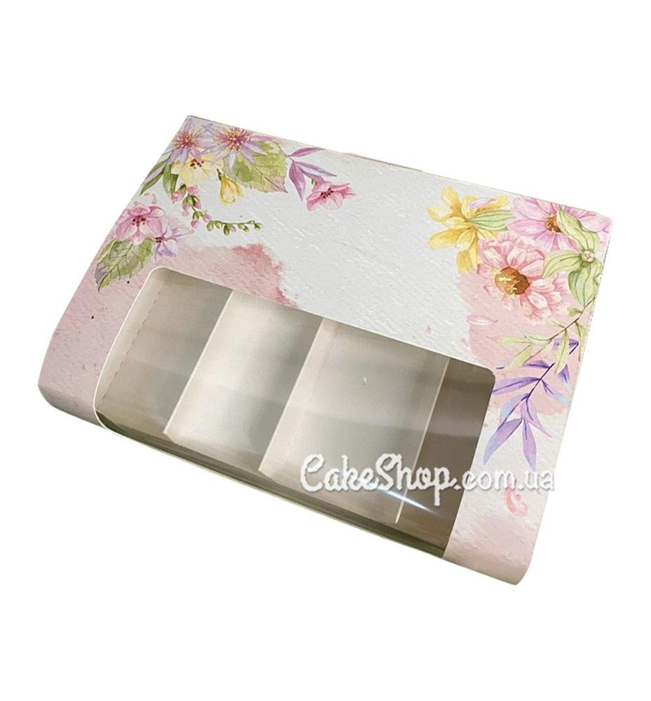 Коробка для эклеров и пирожных Эскимо с окном Пудровые цветы, 21х15х5 см - фото